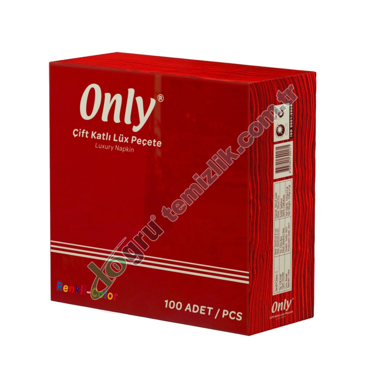 Only 100'lü 40x40 Color Kenar Bordürlü Çift Kat Peçete %100 Selüloz KIRMIZI